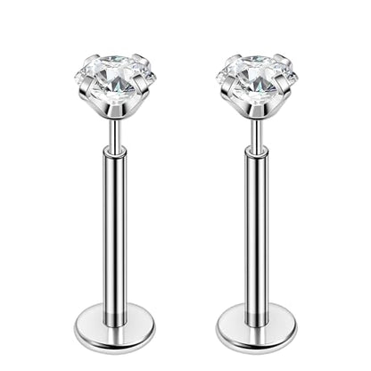PunkTracker 16g/18g/20g Titanium Steel Threadless Flat Back Cartilage Earrings for Helix/Tragus/Conch/Daith/Earlobe - Nose Studs Lip Rings Labret Monroe Piercing Jewelry for Women Men 2PCS - style: 16g,silver,10mm bar,4mm gem