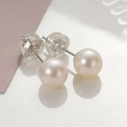 Valentine Gifts for Women Teen Girls, Small Round White Pearl Earrings,Handpicked AAAA Freshwater Pearl 4~7mm,Sterling Silver Stud Hypoallergenic Earrings For Women