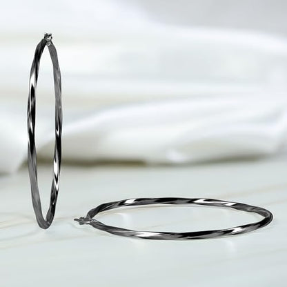 Hoops & Loops 925 Sterling Silver Twisted Hoop Earrings for Women - Hypoallergenic 14K Gold, Rose Gold, Black Flash Plated 2mm Thin Twist Design Round Click-Top Hoops, 15/20/25/30/35/40/50/60mm - color: Black-60mm(2.36 inch)
