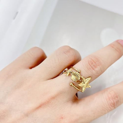 Bohemian Starfish Shell Finger Statement Ring for Women Gold Plated Dainty Seashell Star Wrap Open Adjustable Layered Thin Band Stacking Comfort Fit Stainless Steel Summer Beach Ocean Holiday Jewelry