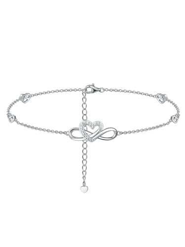 Moissanite Infinity Anklet for Women, Real Authentic 925 Sterling Silver Hypoallergenic, Beautiful Summer Jewelry, Dainty Ankle Bracelet, 8.6-10.6inch (21-26cm) Adjustable - color: Romantic Heart - White Gold