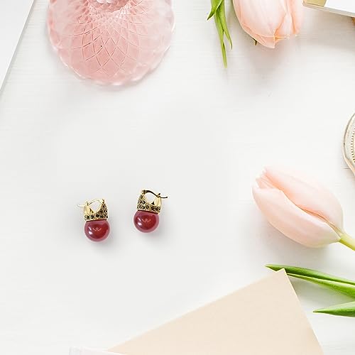 Glass Pearl Earrings Crystal Accent Crown Shape for Wedding, Bridal, Formal & Fashion - color: Red/Gold