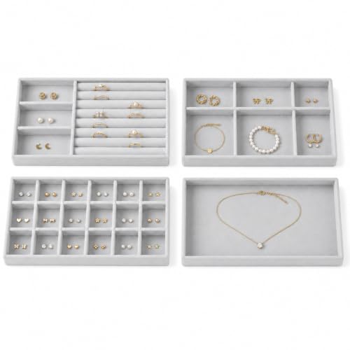 4 Pack Stackable Jewelry Organizer Tray Set - Velvet Display Case | for Rings Earrings Necklaces, for Drawer Organization, Can Stacked - color: Grey