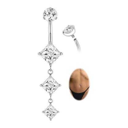 GAGABODY G23 Titanium Dangly Belly Button Ring Long Belly Rings Belly Piercing Jewelry 14G 3/8 inch 10mm Navel Barbell CZ Navel Piercing Ring - color: Style1:Silver+Dangle Square Shape Clear CZ