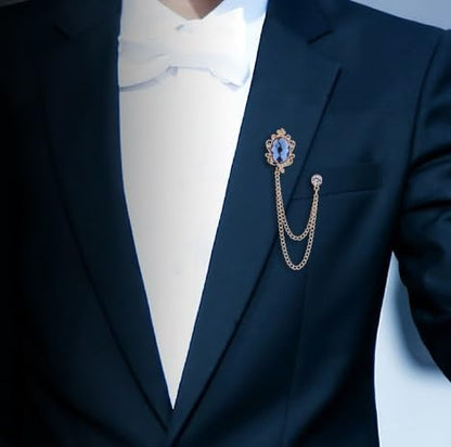 Men's Gem Tassel Brooch Lapel Pin Elegant Badge Hanging Chains Collar Brooches Pin for Career Suit Tuxedo of Shirts Tie Hat Scarf for Boyfriend Father Birthday - style: Gold with Blue Crystal