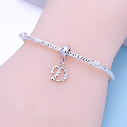 925 Sterling Silver Charms Alphabet Beads fit Pandora Charm Bracelets A-Z Letter Initial Spacer Dangle Clear CZ Stone Authentic for Snake Chain Bracelets - color: D