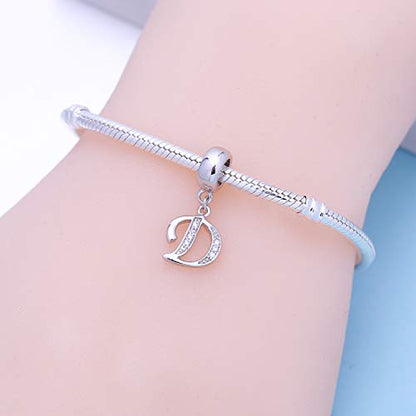 925 Sterling Silver Charms Alphabet Beads fit Pandora Charm Bracelets A-Z Letter Initial Spacer Dangle Clear CZ Stone Authentic for Snake Chain Bracelets - color: D