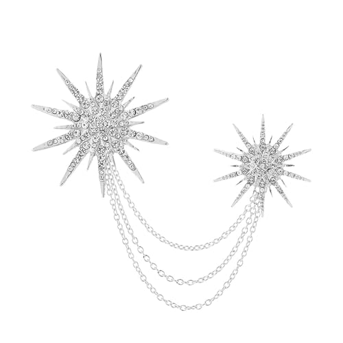 Rhinestone Star Brooch Pin for Women Men Dainty Crystal Snowflake Sun Flower Hanging Chain Tassel Brooches Dress Suit Shirt Accessory Lapel Pins Wedding Party Banquet Ceremony Decoration Jewelry Groom - color: Silver