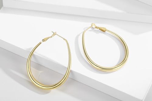 Lightweight Oval Hoop Earrings for Women - 14K Gold Plated, Rose Gold Plated and Sterling Silver Plated Large Oblong Hoop Earrings for Women Statement Jewelry Gift - color: gold