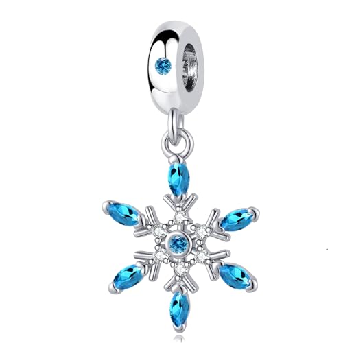 Snowflake Dangle Charm Birthstone Bead Compatible with Pandora Bracelet Women Christmas Gift - color: Light Bule