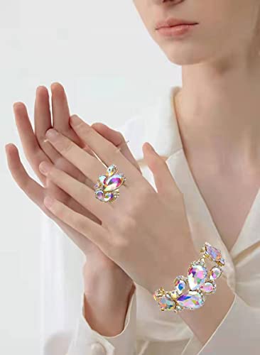 Women's Wedding Bridal Austrian Crystal Glass Teardrop Statement Necklace Dangle Earrings Bracelet Ring Wedding Party Jewelry Set for Bridal Bridesmaid - color: AB Crystal-Gold Plated