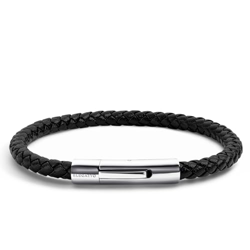 Elegatto Elagio Premium Braided Leather Bracelet for Men | Full-Grain Braided Leather with Sterling Silver Polished Stainless Steel Clasp | Men’s Designer Bracelets - color: Black Silver, size: Small