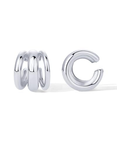 PAVOI 14K Gold Plated 925 Sterling Silver Round Huggie Ear Cuff Earrings for Women | Clip On Cartilage Cuff Earrings - style: Chunky Triple
