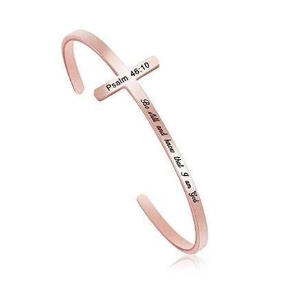 Memgift 𝐂𝐫𝐨𝐬𝐬 𝐁𝐫𝐚𝐜𝐞𝐥𝐞𝐭 Religious Cuff Bangle 𝐁𝐢𝐛𝐥𝐞 𝐕𝐞𝐫𝐬𝐞 Christian Gifts Jewelry for 𝐖𝐨𝐦𝐞𝐧 - style: Be still and know that I am God -Psalm 46:10