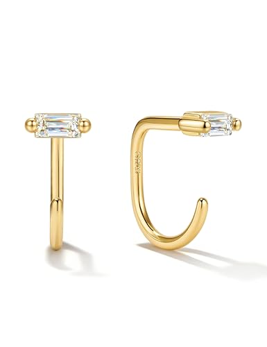 GEMQUEEN Moissanite 925 Sterling Silver Half Hoop Earrings for Women, Small Stay Close Huggie Hoops Comfort Backless Earring Lightweight No Back Moissanite Arc Hoop Earrings D Color VVS1 - color: Gold, size: Rectangle