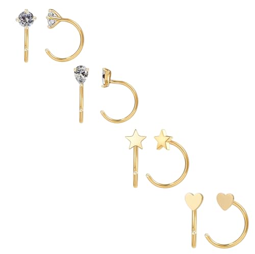 2/4Pairs 14K Gold Stay Close Hoop Huggie Half Hoop Earrings Minimalist Tiny Cartilage Helix Open Hugging for Women | Hypoallergenic 316L Stainless Steel Jewelry Set Trending Valentine's Day Gifts (A10) - color: 4 Pairs Gold 02