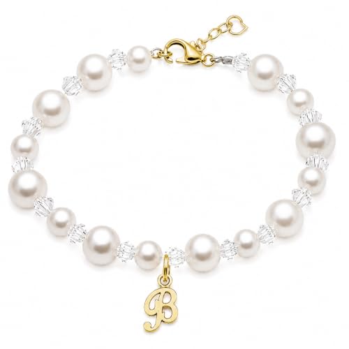 Baby Crystals Custom 14K Gold-Plated Initial Bracelet Charm, Birthday Keepsake Jewelry - style: Crystals White Pearls