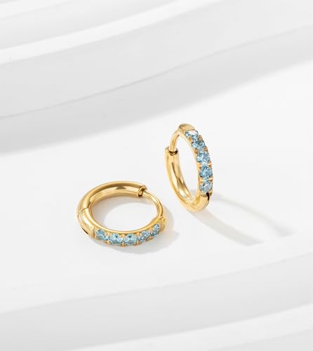 Hypoallergenic Unisex Surgical Steel Small Cubic Zirconia Huggie Hoop Earring, Color Gold - Silver - Rose Gold - Black - Rainbow, Size 6mm- 12mm Safe for Sensitive Ear - style: P07 : 8mm - gold - blue cz