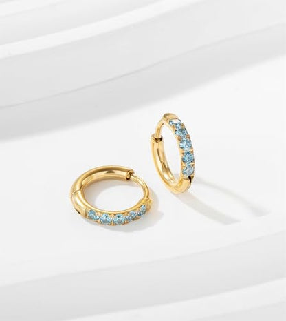 Hypoallergenic Unisex Surgical Steel Small Cubic Zirconia Huggie Hoop Earring, Color Gold - Silver - Rose Gold - Black - Rainbow, Size 6mm- 12mm Safe for Sensitive Ear - style: P07 : 8mm - gold - blue cz