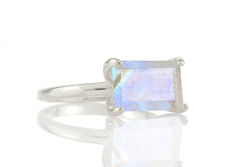 Emerald Cut Moonstone Ring - Rainbow Moonstone Solitaire - Sterling Silver June Birthstone - Minimalist Rectangle Gemstone Ring