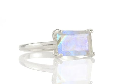 Emerald Cut Moonstone Ring - Rainbow Moonstone Solitaire - Sterling Silver June Birthstone - Minimalist Rectangle Gemstone Ring