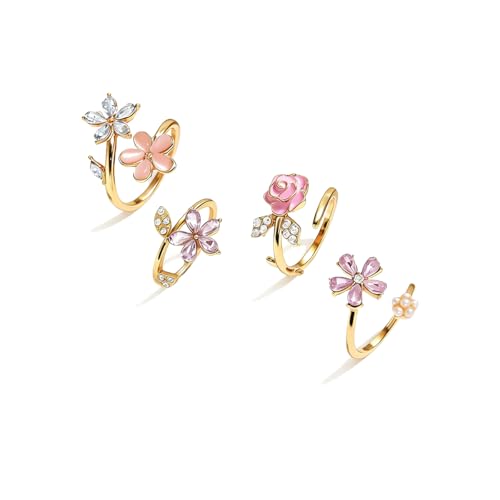 Flower Rings for Women Gold Adjustable Rings Set, Pink Enamel Rose Daisy Stackable Rings with Cubic Zirconia, Dainty Floral Knuckle Rings Jewelry for Party Wedding Gifts - color: Gold-01