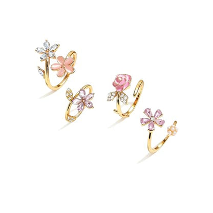 Flower Rings for Women Gold Adjustable Rings Set, Pink Enamel Rose Daisy Stackable Rings with Cubic Zirconia, Dainty Floral Knuckle Rings Jewelry for Party Wedding Gifts - color: Gold-01