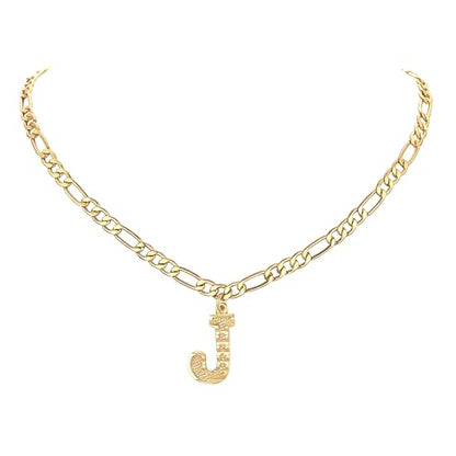 14K Gold Plated Initial Necklaces for Women Men A-Z Letter Necklaces | Figaro Chain, 16"+2" Adjustable Length, with Gift Box - style: J