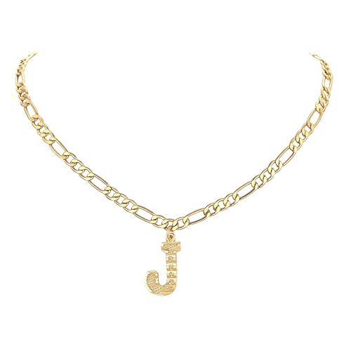 14K Gold Plated Initial Necklaces for Women Men A-Z Letter Necklaces | Figaro Chain, 16"+2" Adjustable Length, with Gift Box - style: J