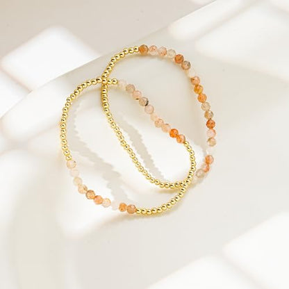 Kainier Gold Beaded Bracelets for Women 2Pairs 14K Gold Plated Stretch Bracelet Set Stackable Tarnish Dainty Natural Stone Bead Bracelets Gift - color: Amazonite