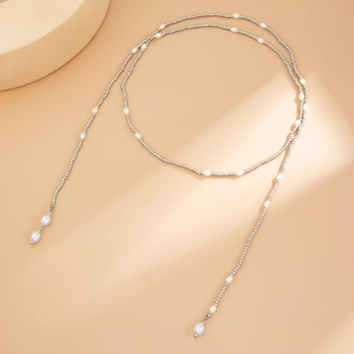 Lariat Long Beaded Necklaces for Women Trendy Y-Shaped Pendant Necklace with Turquoise Baroque Pearl Drops Layered Bohemian Beaded Necklace Fashion Statement Jewelry Gifts - color: Silver2