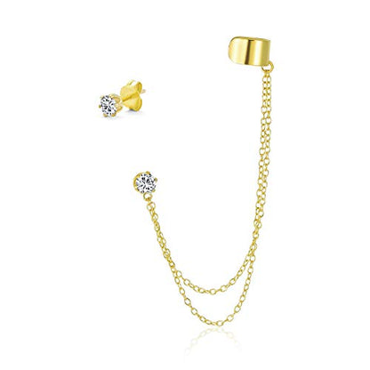 Bling Jewelry Geometric Cartilage Plain Band With Two Chains Ear Warp Cuff CZ Stud Ear Lobe Earring For Women Teens Men Rose 14K Gold Plated .925 Sterling Silver - color: Gold-Tone