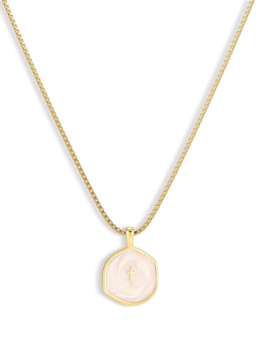 14K Gold/Silver Plated Cross Necklace for Women White Enamel Pendant | Unique Brass Irregular Disc Cross, Dainty Minimalist Faith Jewelry for Everyday Wear, Comes in a Beautiful Box - style: gold style4
