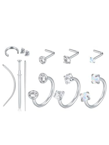 Aumeo Horseshoe 18G Nose Rings 8mm for Women, Surgical Steel 20G L Shaped Nose Rings Studs 7mm, Internally Threaded Tragus Cartilage Helix Earrings, Silver/Gold - style: Silver, 3pcs horseshoe nose rings