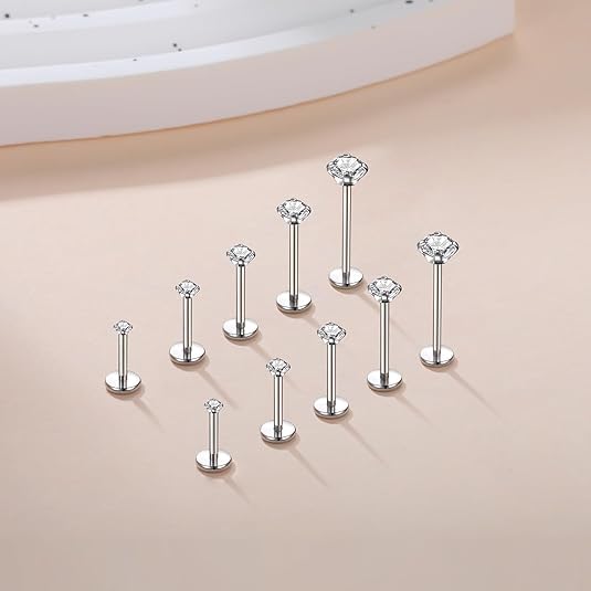 Aumeo 20G 18G 16G Threadless Push in Nose Rings Studs Surgical Steel Labret Jewelry Monroe Lip Rings Studs Medusa Ashley Piercing Jewelry for Women - color: Silver, size: 18g*6/7/8/10/12mm+grabber tool