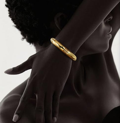 Gold Chunky Bangles Bracelets For Women 14k Gold Plated Stack Layered Curved Bamboo Tube Stretch Bracelets Gift Jewelry - color: 1pcs Gold