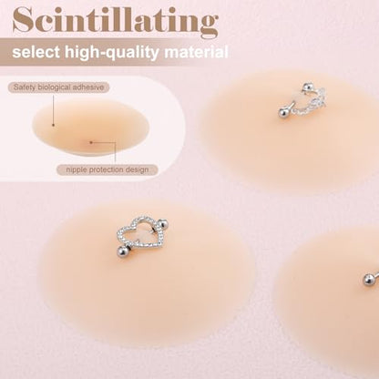 Tondiamo 3 Pairs Silicone Nipple Covers with Piercing Diamond Adhesive Reusable Fake Nipple for Women With Piercing
