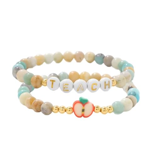 Teacher Appreciation Bracelet Gifts for Women, Stone Beaded Stretch Bracelets Set Thank You Teacher Gifts Retirement Teachers' Day Jewelry - color: Green