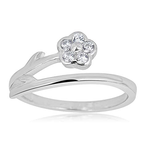 AVORA 925 Sterling Silver Adjustable Bypass Flower Toe Ring with Simulated Diamond CZ