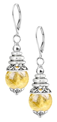 Natural 10mm Stone Beads Drop Earrings,Retro Silver Round Quartz Crystal Gemstone Beads Dangle Earrings for Women - color: A15_Crack Citrine