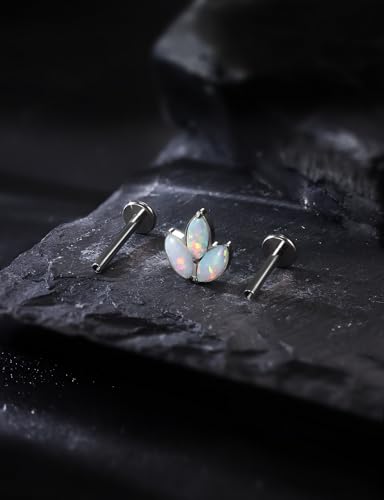 16G Astm F136 Titanium Internal Thread Flat Back Earrings Nose Studs Tragus Forward Helix Conch Cartilage Lobe Earrings Stud Medusa Labret Monroe Lip Ring Piercing Jewelry For Women Men - size: 16G--Style J-Opal