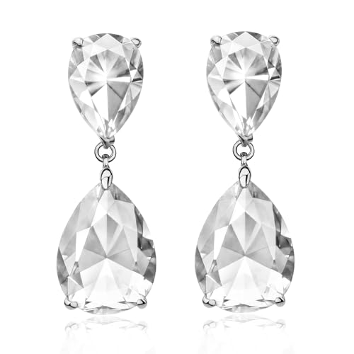 Teardrop Crystal Drop Earrings for Women, 14K Gold Plated Large Double Teardrop Dangle Earrings,Rhinestone Earrings for Wedding Prom Bridesmaid Party,Emerald/Red/Blue/Black/Pink/White Statement Earrings - color: white