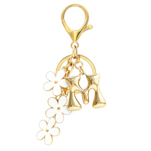 Floral Series Initial Bag Charm, Cute Flower & Bubble Letter Purse Charms, Keychain Accessories Gift for Women - color: White Flower, style: M