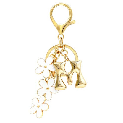 Floral Series Initial Bag Charm, Cute Flower & Bubble Letter Purse Charms, Keychain Accessories Gift for Women - color: White Flower, style: M