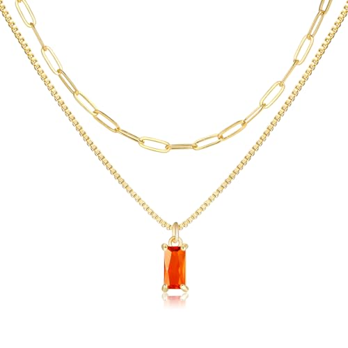 Dainty Gold Charm Necklaces for Women Non Tarnish, 14K Trendy Blue Green Cubic Zirconia Emerald Pendant Birthstone Necklaces Birthday Gifts for Women Waterproof Jewelry - color: 07-July(Ruby)
