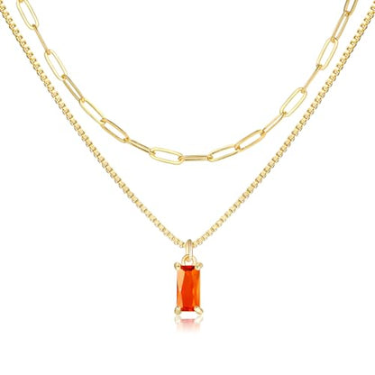 Dainty Gold Charm Necklaces for Women Non Tarnish, 14K Trendy Blue Green Cubic Zirconia Emerald Pendant Birthstone Necklaces Birthday Gifts for Women Waterproof Jewelry - color: 07-July(Ruby)