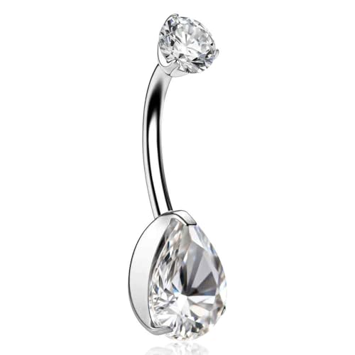 Titanium Floating Belly Button Rings 14G, ASTM F136 Implant-Grade Curved Barbell, Internal Thread with 6mm Teardrop Gems, Sparkle Navel Piercing Jewelry, 10mm/12mm Length - color: Teardrop Silver-Clear CZ, size: 1/2"(12mm)