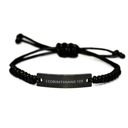 Personalized Christian Bible Verses Black Rope Bracelet Inspirational Scripture ID Cross Religious Quote Faith God Engraved Adjustable Customized Gifts for Men Women Kiss Him Husband Father Bois - style: 2 Corinthians 12:9