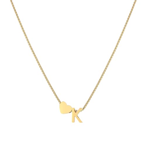 18K Real Gold Plated Heart Initial Necklace for Women-Personalized A-Z Letter Pendant on Durable Stainless Steel Box Chain (16+2.5 inch Adjustable) Hypoallergenic Everyday Jewelry Gift Boxed for Mom Wife - style: Gold:K