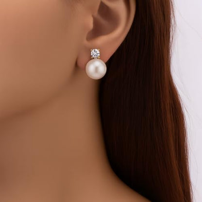 Pearl Clip on Earrings for Women - 14K Gold Silver Plated Cubic Zirconia Non Pierced Ear Clips Jewelry Gifts for Wedding Bridal Party Gifts - color: Gold-12mm